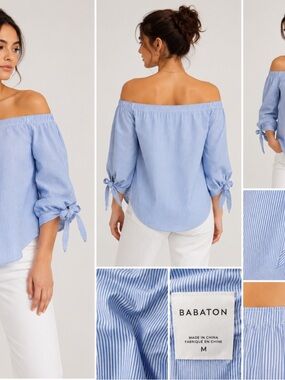 Babaton Blue White Striped Off Shoulder Tie Sleeve Cotton Blouse Size M
